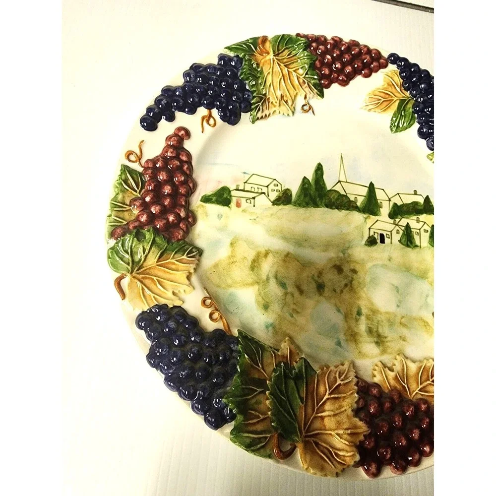 World Market Decorative Plate raised grapes and leaves around a‎ country scene